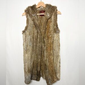 525 America Brown Vest Rabbit Fur brown  beige hooded open front Size XS